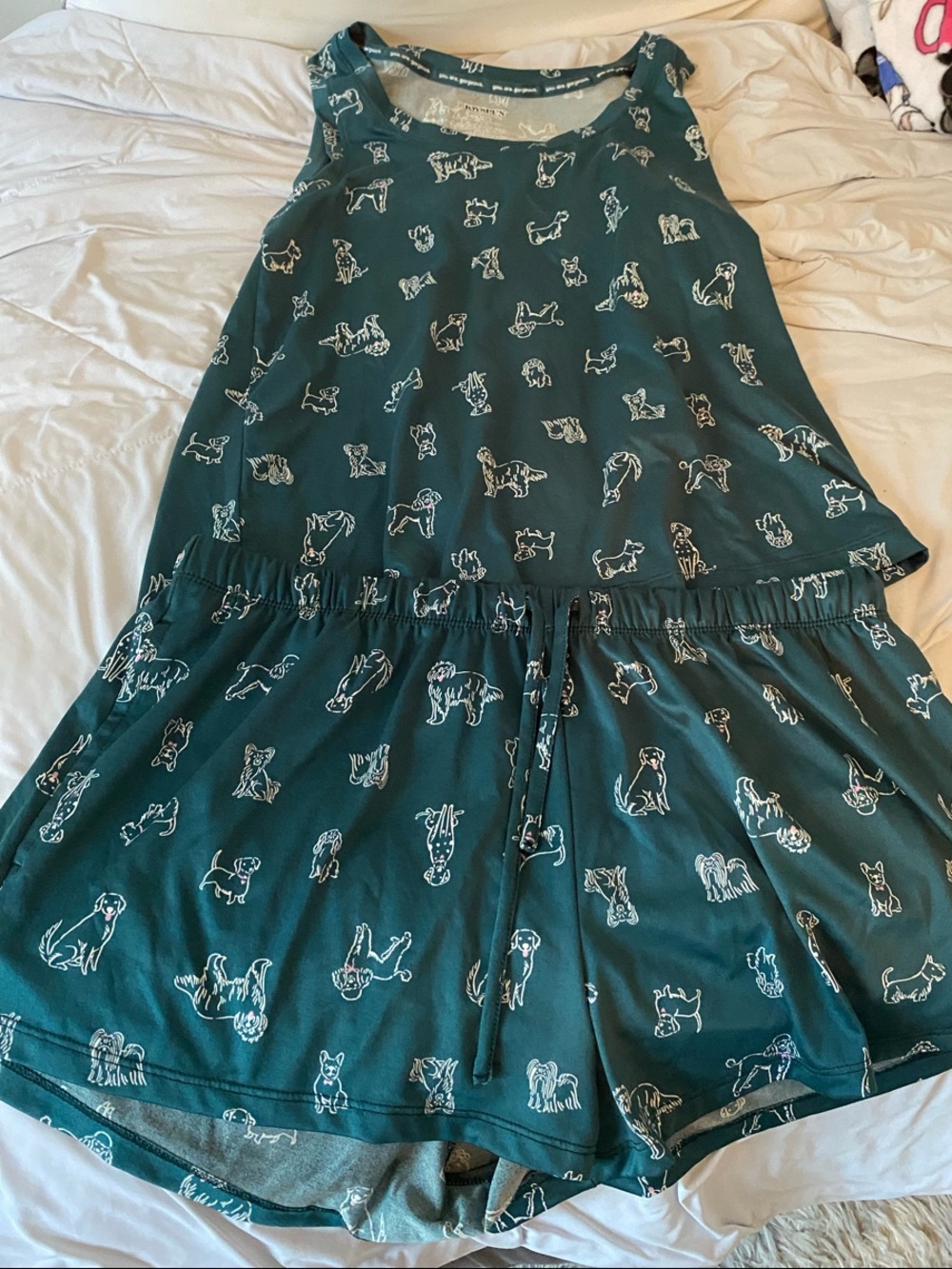 Women's Teal Dog-Print Sleeveless Pajama tank and shorts set
